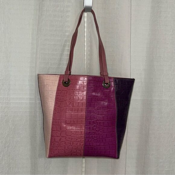 Valerie Stevens Four Tone Warm Purple Pink Croc Print Genuine Leather Tote - Picture 2 of 12